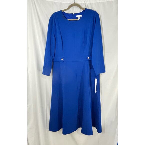 NWT London Times 3/4 Sleeve Seamed Side Tab Fit & Flare Midi Dress Size 18 - Picture 2 of 5